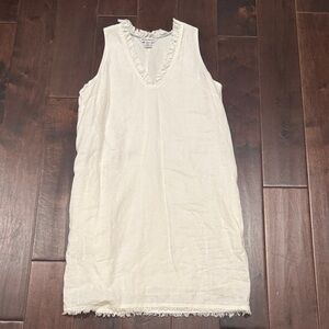 Tommy Bahama White Linen Shift Dress with Ruffle V-Neck with pockets